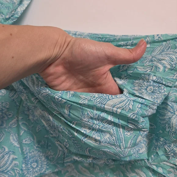 One Summer cotton block print floral balloon sleeve flowy boho mini dress sz L - Picture 6 of 10